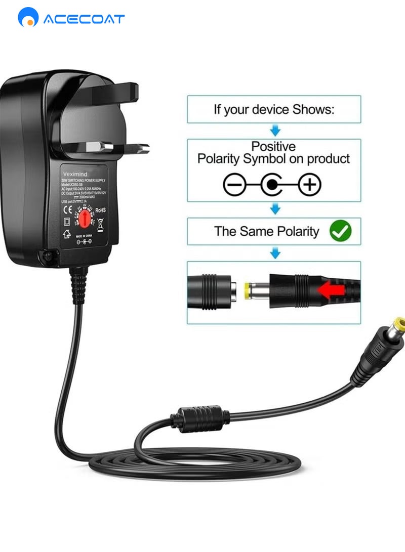 ايسكوت محول طاقة عالمي 30 واط 3 فولت 4.5 فولت 5 فولت 6 فولت 7.5 فولت 9 فولت 12 فولت محول طاقة AC/DC مع 8 رؤوس قابلة للاختيار للأجهزة المنزلية التي تعمل بجهد 3 فولت-12 فولت وشريط LED - 2000 مللي أمبير كحد أقصى - Image 4